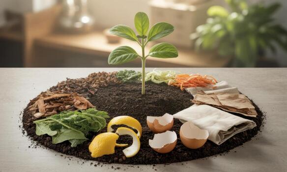 Circular arrangement of organic waste materials and a growing plant illustrating the composting process. photo