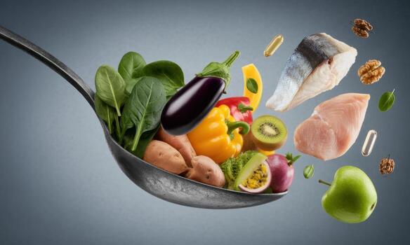 Healthy food, fresh vegetables, fruits, fish, and supplements overflowing from a spoon for balanced diet photo