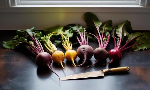 Freshly harvested multi colored beets with green leaves and a kitchen knife on a dark counter photo