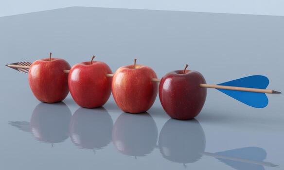 Four vibrant red apples perfectly aligned and pierced by a wooden arrow, symbolizing target and accuracy. photo