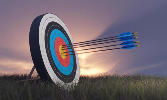 Five blue fletched arrows precisely hit the bullseye of an archery target at sunset photo