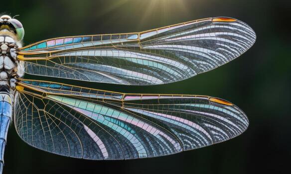 macro cerca arriba de un delicado libélula ala demostración intrincado iridiscente las venas y translúcido membrana foto