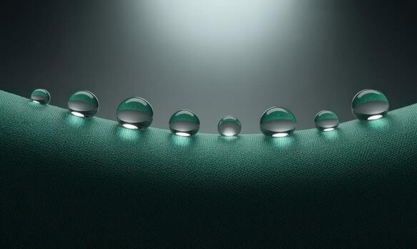 Hyper realistic macro photograph of 7 transparent water droplets on a deep emerald green hydrophobic fabric photo