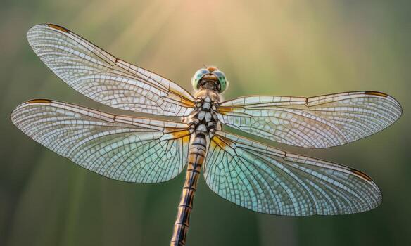 hiper realista macro fotografía de un delicado libélula con intrincado translúcido alas foto