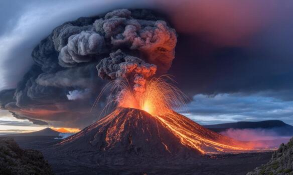 Massive volcanic eruption with towering ash plume, glowing lava flow, and fiery sparks photo