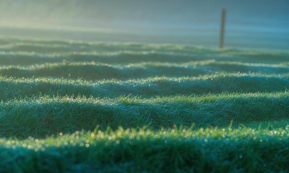 Dewy emerald green grass rows glowing in soft morning light, creating a serene natural pattern photo