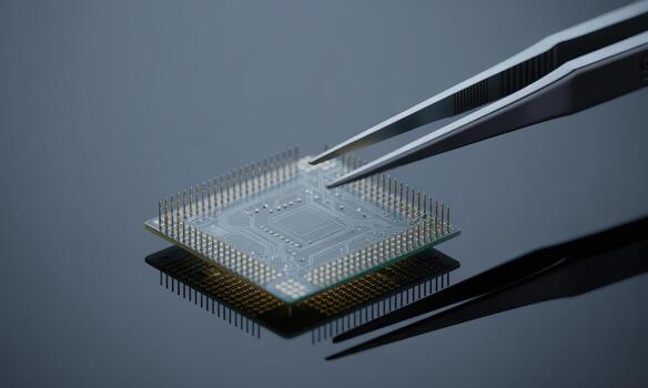 Precision tweezers holding an intricate electronic microchip with golden pins photo