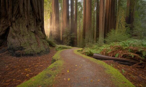 Winding forest trail through ancient redwood trees with golden sun rays filtering through canopy photo