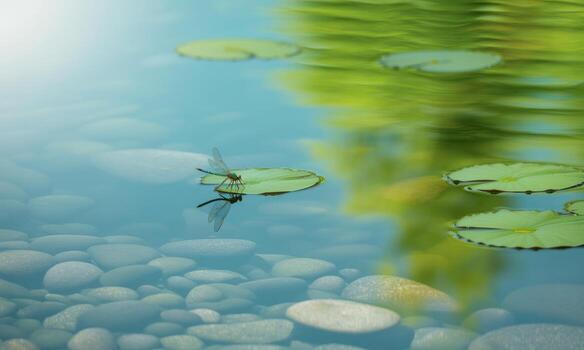 Green dragonfly resting on a lily pad in a clear pond with underwater pebbles and reflections photo