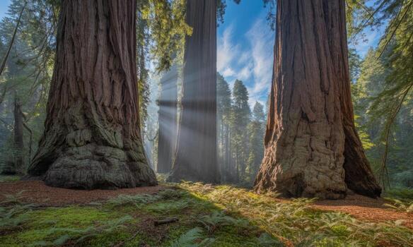 Majestic redwood trees in ancient forest with sun rays piercing through canopy photo