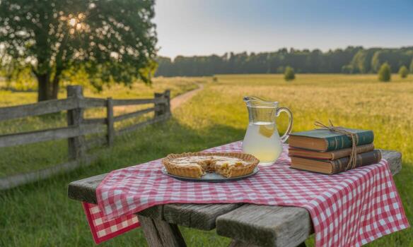 Rustic picnic table with pie, lemonade, and old books in a sunny summer meadow photo