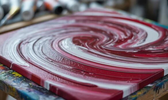 Vibrant abstract painting with flowing swirls of crimson red and white acrylic paint on canvas photo