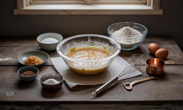 Various baking ingredients and tools meticulously arranged on a rustic wooden table for homemade recipe preparation photo