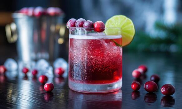 Vibrant ruby red cranberry fizz cocktail with lime and frosted cranberries on a dark table photo