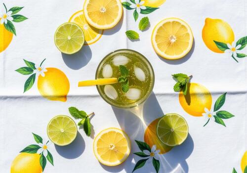 Bright flat lay of iced green tea with lemon, lime, and mint on a patterned tablecloth photo