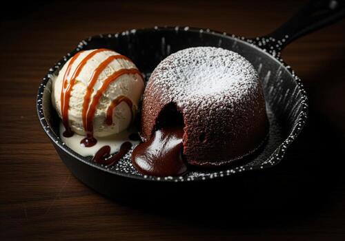 Decadent chocolate lava cake with molten center and vanilla ice cream in a cast iron skillet photo