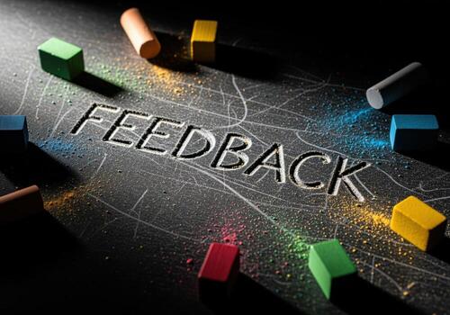 FEEDBACK word etched into a dark chalkboard surrounded by vibrant colorful chalk pieces photo