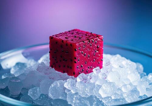 Perfectly cubed ruby red dragon fruit on sparkling crushed ice with vibrant lighting photo