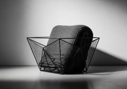 Modern geometric wire basket with a cozy grey knitted blanket in a monochromatic studio setting photo