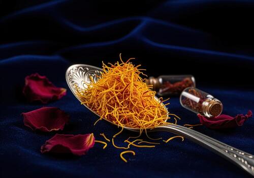 Opulent cordyceps mushroom threads on ornate silver spoon with saffron and rose petals photo