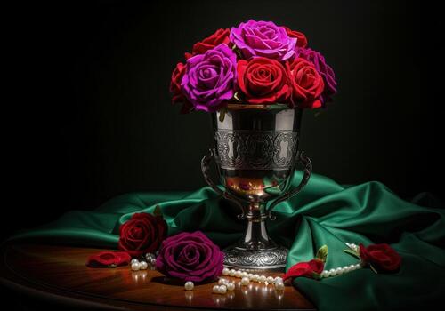 Dramatic baroque still life, ornate silver goblet with ruby red and magenta roses photo