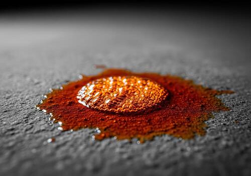 Dramatic macro view of bubbling viscous orange oil spill on dark rough concrete surface photo