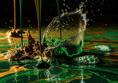 dinámica Esmeralda verde y fundido oro pintar salpicando, creando resumen fluido Arte foto