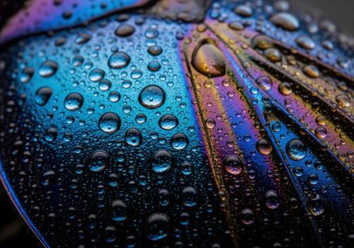 Macro view of iridescent metallic surface with vibrant water droplets reflecting light photo