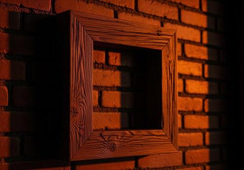 Empty rustic square wood frame against a dark brick wall with dramatic warm light photo