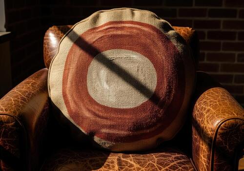 Dramatic lighting on a rustic round burlap cushion with hand painted concentric circles on a vintage leather armchair photo