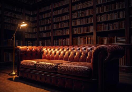 Vintage tufted chesterfield sofa in distressed burgundy leather in a moody library setting photo