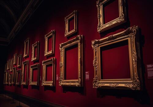 Opulent gilded baroque picture frames empty on a deep red gallery wall photo