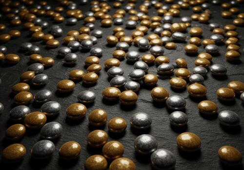 Metallic gold and silver candies scattered on a dark textured surface, creating a rich pattern photo