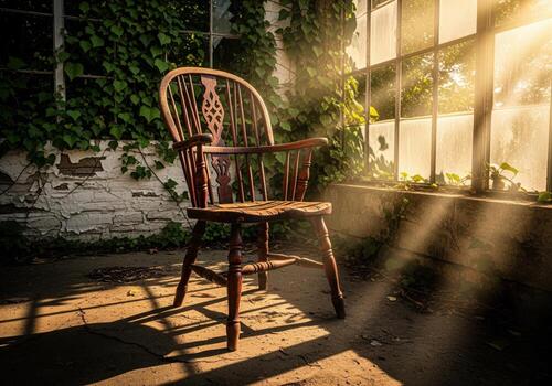 resistido Windsor silla en un iluminado por el sol habitación con hiedra cubierto paredes y polvoriento ligero rayos foto