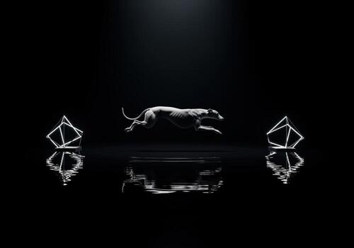 Dynamic greyhound leaping over dark reflective surface, illuminated by abstract geometric lights photo