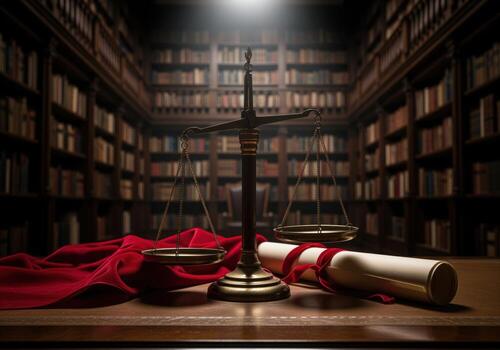 Scales of justice and law document on desk in grand library with bookshelves photo
