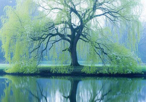Vibrant weeping willow tree with fresh lime green leaves reflecting in a tranquil misty pond in early spring photo