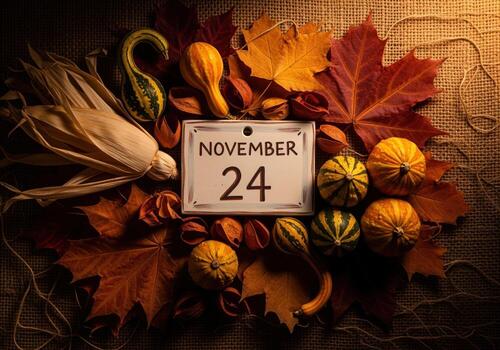 Thanksgiving flat lay with november 24 calendar, autumn leaves, and gourds on burlap photo