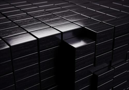 Highly stylized macro photograph of perfectly uniform dark ebony wood blocks, polished smooth photo