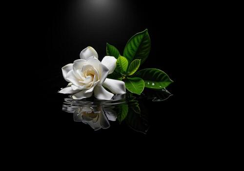 Elegant white gardenia flower with green leaves floating on water with reflection against a dark background photo