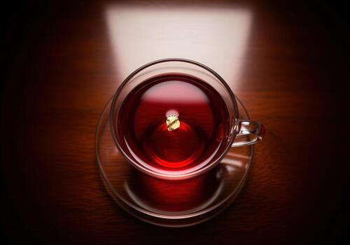 Elegant clear glass teacup with vibrant ruby red hibiscus tea and a golden flake photo