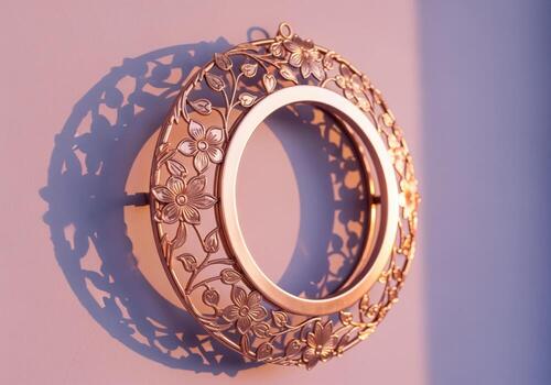 Ornate circular rose gold metal frame with delicate floral patterns and artistic shadow photo