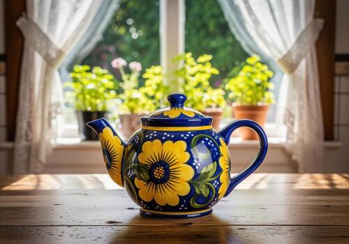 Vibrant ceramic teapot with blue and yellow sunflower pattern on a rustic wooden table by a sunny window photo