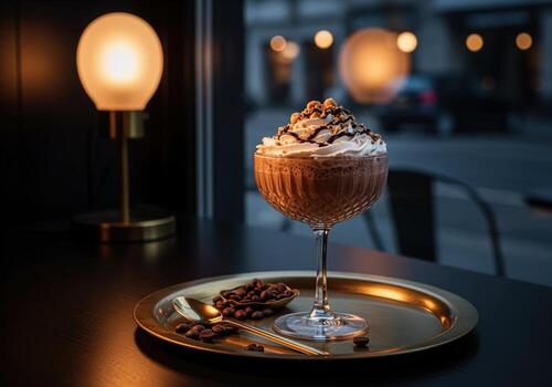 Decadent chocolate hazelnut frappe in an elegant coupe glass with whipped cream and nuts photo