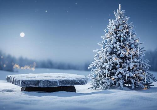Magical winter night with snow dusted christmas tree and stone product display photo