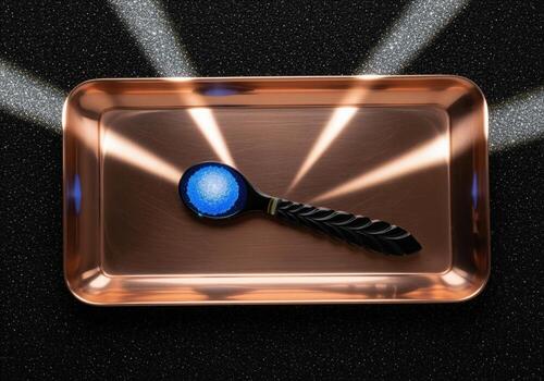 brillante azul partículas en un negro cuchara, descansando en un futurista cobre bandeja con ligero rayos foto