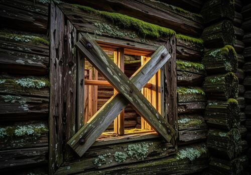 Ancient abandoned wooden structure with a heavily boarded up window detail photo