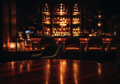 Moody and atmospheric bar interior with reflective mahogany table and blurred bottles photo