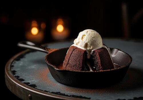 Decadent dark chocolate lava cake with melting vanilla ice cream in a rustic cast iron skillet photo