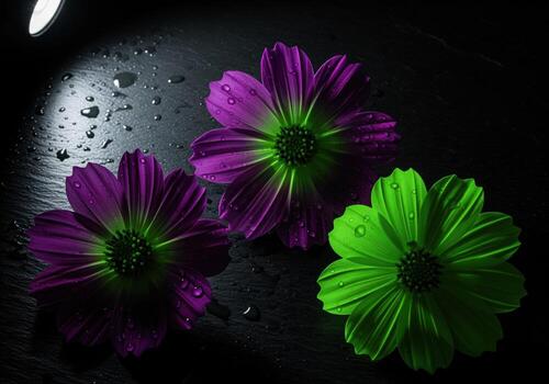 Dramatic low key image of three vibrant duotone cosmos flowers with water drops on dark surface photo